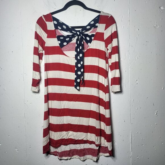 12pm by Mon Ami Womens Quarter Sleeve Striped Dress Size Small Bow Americana - Picture 2 of 8